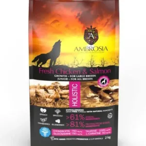 Ambrosia Grain-Free Junior Large breed Fresh Chicken & Salmon – begrūdis sausas maistas jauniems, didelių veislių šunims